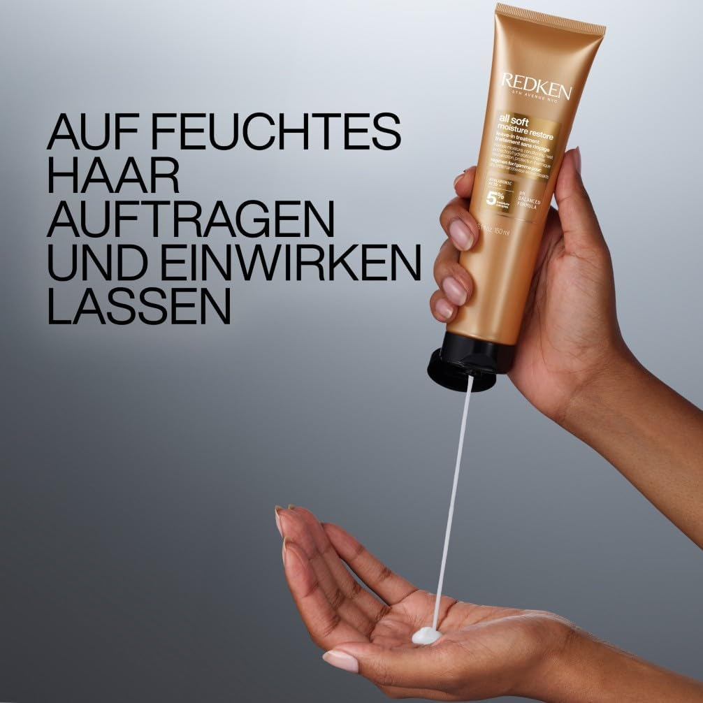 Redken Haarmaske mit Hyaluron für trockenes Haar, Anti-Frizz und Hitzeschutz bis 230° C, All Soft Moisture Restore Leave-In Maske, 1 x 150 ml