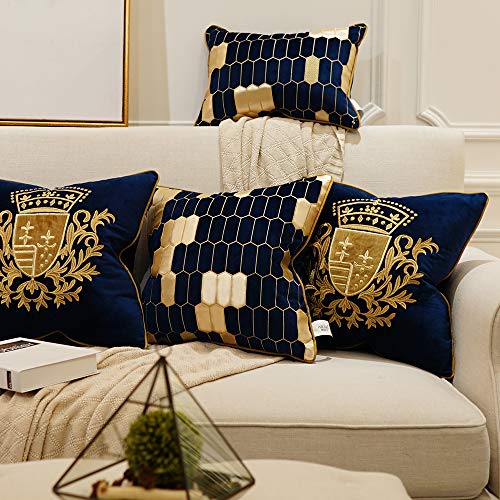 Avigers 18 X 18 Inch Shield Embroidery Velvet Cushion Cover Luxury European Pillow Case Pillowcase Home Decorative For Sofa Chair Bedroom Throw Pillow, Navy Blue #TOP5