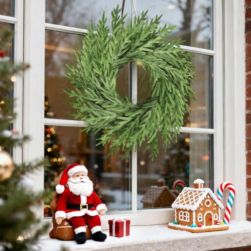 Image of 26 inch Artificial Spring Summer Christmas Greenery Wreath for Front Door,Real Touch Artificial Norfork Pine Wreath for Outoor Inooor Porch,Window,Wall,Xmas, Year Round Home Decor