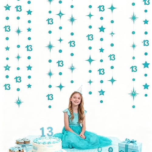 Image of Teal Blue 13th Birthday Decorations Number 13 Circle Dot Star Garland Glitter Streamer Banner Backdrop for Girls Boys Official Teenager Cheers to 13 Years Old Birthday 13th Anniversary Party Supplies