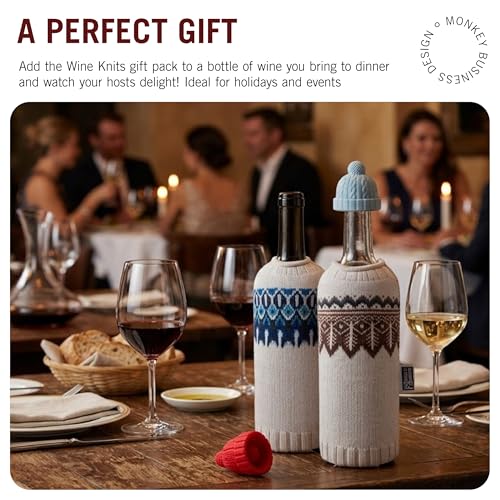 Image of Monkey Business Wine Knits Bottle Stopper and Sleeve Set - 4 Piece Silicone and Neoprene Insulated Wine Accessories Pack for Temperature Control and Freshness, Winter Knit Themed Dining Gift Set