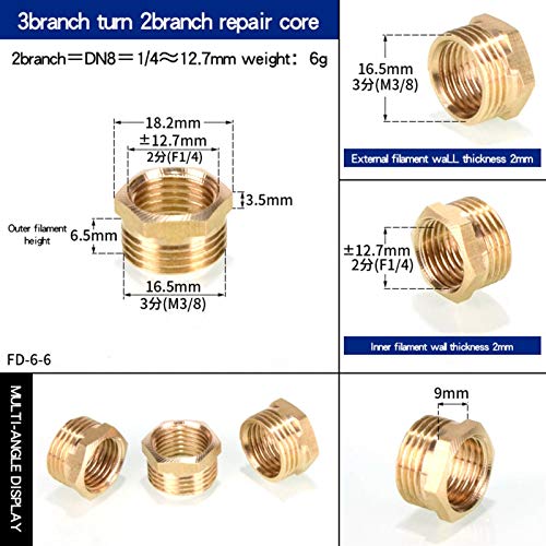 Zkenyao-Brass Connector Copper Inner and Internal Thread Conversion External Thread Copper Connector 1/8’, 1/2’, 1/4‘, 3/4’ to 1 Inch Brass Fittings, Simple to Install (Color : 3 Turn 2 Points)