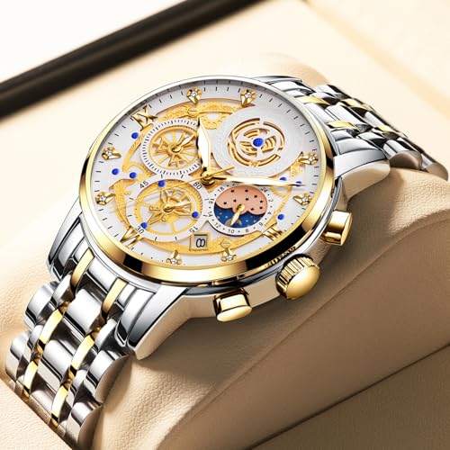 Image of senstone Moon Phase Watch for Men Chronograph Dial Analog Quartz Wristwatch Luxury Diamond Business Dress Watch with Luminous Waterproof Calendar Stainless Steel Strap
