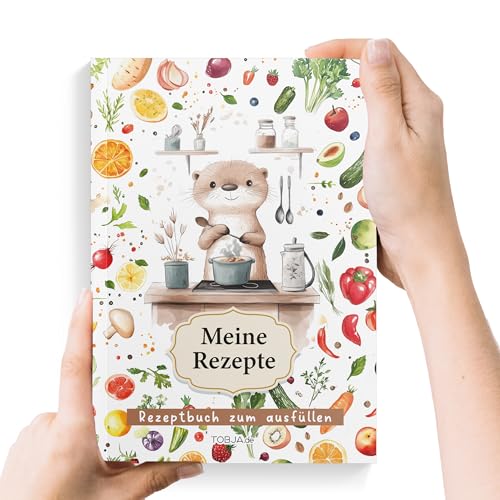 TOBJA Rezeptbuch zum selberschreiben Otterliebe DIN A5 – 87 Lieblingsrezepte – mit Saisonkalender, Register, Buchklappen & Leseband – Ausfüllbuch für eigene Familienrezepte