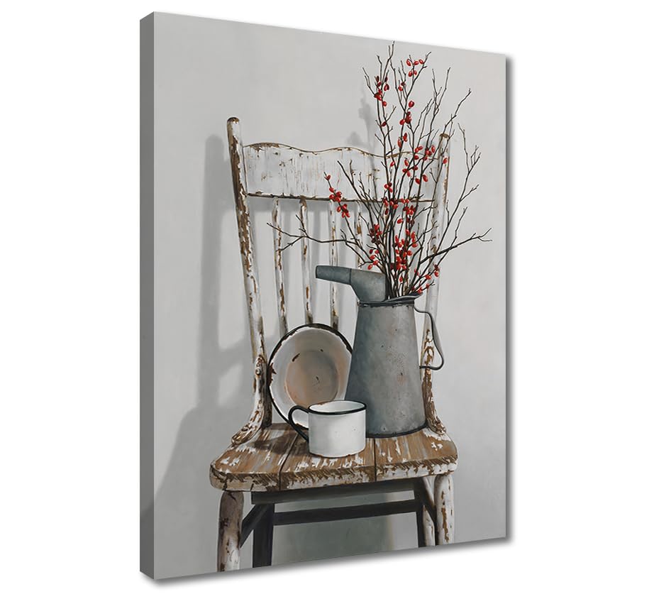 vandlife Framed Canvas Wall Art Print Rustic Flower Theme Painting Red Floral on Grey Background Vintage Farmhouse Artwork for Living Room Bedroom Kitchen Decoration 12x16in