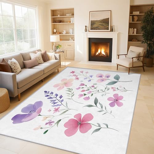 Genérico Flores Silvestres Alfombra Salon Rectangular, Suave Antideslizante Alfombras Moderna Colorido Floral de Habitacion, Alfombra Lavable Comedor Oficina 80x120cm QAZ13