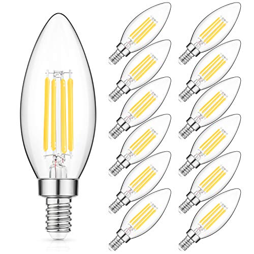 MAXvolador LED Candelabra Bulbs 40W Equivalent, E12 LED Filament Light Bulb 5000K Daylight White, 4W Decorative Chandelier Lamp, B11 Clear Glass Candle Torpedo Shape, Pack of 12