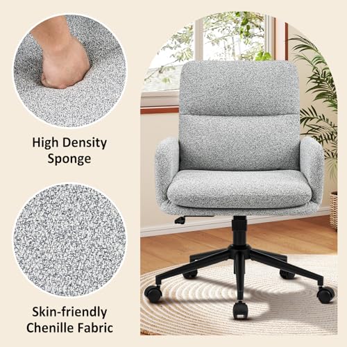Image of Comfortable Ergonomic Office Chair, Upholstered Desk Chair with Double-Layer Cushioning, Adjustable Height Swivel Task Chair with Padded Armrests, Rolling Wheels and Metal Base, Light Grey