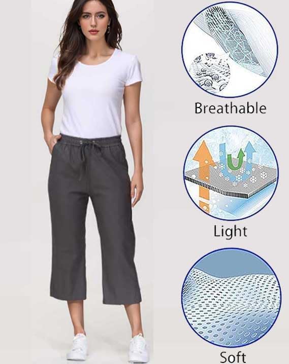 Capri Pants for Women Casual Summer Cotton Linen Capris Drawstring Elastic High Waist Pants Wide Leg Cropped Trouser 2025 New4