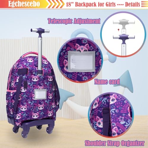 Egchescebo Kids Rolling Backpack for Girls Cats Suitcases Trolley Roller Luggage Backpacks with 360° Rotating Wheels 15" Laptop Lunch Box Pencil Case for Elementary 18" Travel School Bag Purple4