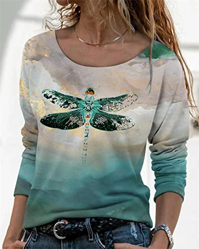 PKYGXZ Camisetas Sueltas con Estampado de Flores para Mujer, Jersey de Manga Larga con Cuello Redondo, Sudadera, Camisetas Deportivas Informales, Blusas de Moda, Verde, XXL Cover