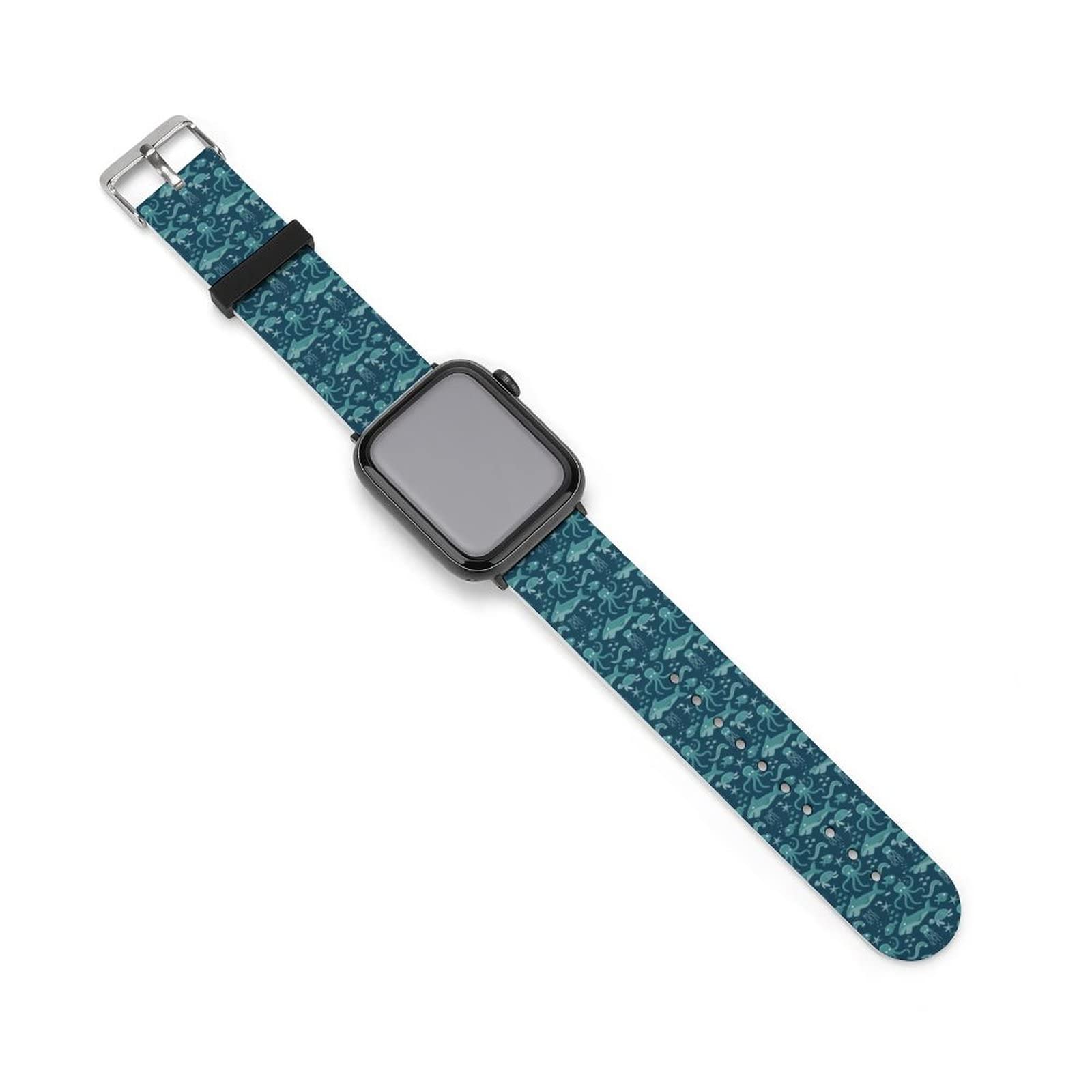 Baikutouan Black-Style Shark Octopus Sea Turtle Print Watch Strap Replacement Silicone Band Compatible For Apple Iwatch 38-40Mm Or 42-44Mm