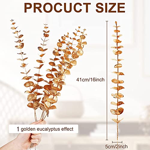20 Pieces Artificial Eucalyptus Leaves Stems,Faux Plastic Plants,Greenery Stems Table Decoration for Floral Arrangement Vase Planting Filler Wedding Bouquets Centerpiece Wedding Home Party Gold - Image 3