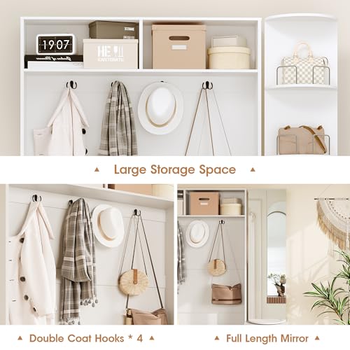 Fameill 79" Hall Tree with Bench and Shoe Storage, Tall Coat Rack with Mirror and Hidden Storage Shelves, Entryway Shoe Organizer with Cushion for Mudroom, 6 Shoe Cubbies & 4 Double Coat Hooks, White - Image 7