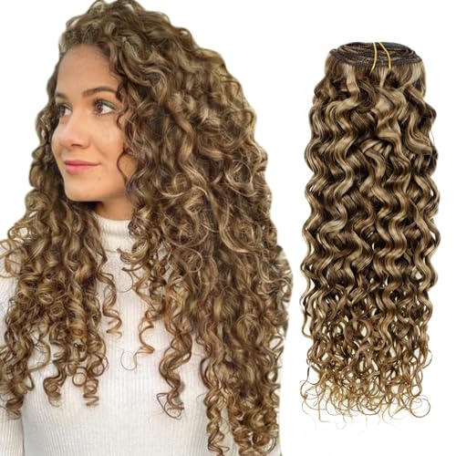 Hetto Curly Hair Extensions Clip in Human Hair #P4/27 Brown Highlight Blonde Curly Clip in Hair Extensions Human Hair Natural Wavy Hair Clip in Extensions 16 Inch 7Pcs 105g