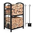 Mr IRONSTONE Firewood Rack with Fireplace Tools Set, Fireplace Tool Rack for Indoor Outdoor Fire Log Holder Wrought Iron Large Wood Stove with Firepit Tools, Brush, Shovel, Poker, Tongs, Black