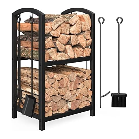 Mr IRONSTONE Firewood Rack with Fireplace Tools Set, Fireplace Tool Rack for Indoor Outdoor Fire Log Holder Wrought Iron Large Wood Stove with Firepit Tools, Brush, Shovel, Poker, Tongs, Black Cover