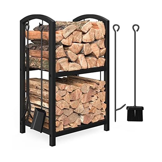 Mr IRONSTONE Firewood Rack with Fireplace Tools set, Fireplace Tool Rack for Indoor Outdoor Fire Log Holder Wrought Iron Large Wood Stove with Firepit Tools, Brush, Shovel, Poker, Tongs, Black