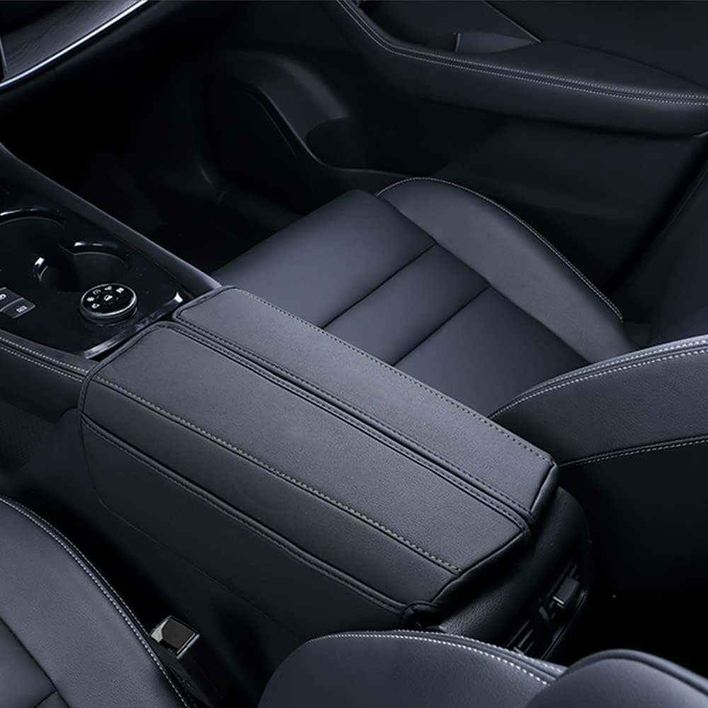 1pcs Leather Center Console Armrest Cover with Side Pocket for Nissan Rogue 2021 2022 2023 2024 Accessories (Black Stitching)