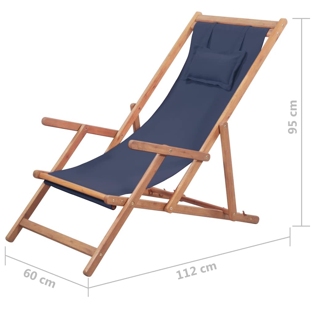 Krzesło plażowe, składane z drewna eukaliptusowego i materiału, kolor niebieski, 3-stopniowa regulacja, odporne na warunki atmosferyczne, lekkie krzesło kempingowe, krzesło ogrodowe i