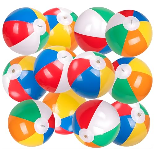 12-Pack 12“ Beach Balls - Bulk Classic Beachball Inflatable Swimming Pool Toys for Games Adults Kids Birthday Party Supplies Combo Set, Rainbow Color Blow Up Luau Decorations Favors Gifts (12')