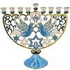 The dreidel company hanukkah menorah enamel magen david blue bird design hand painted enameled metal  urban country home decor