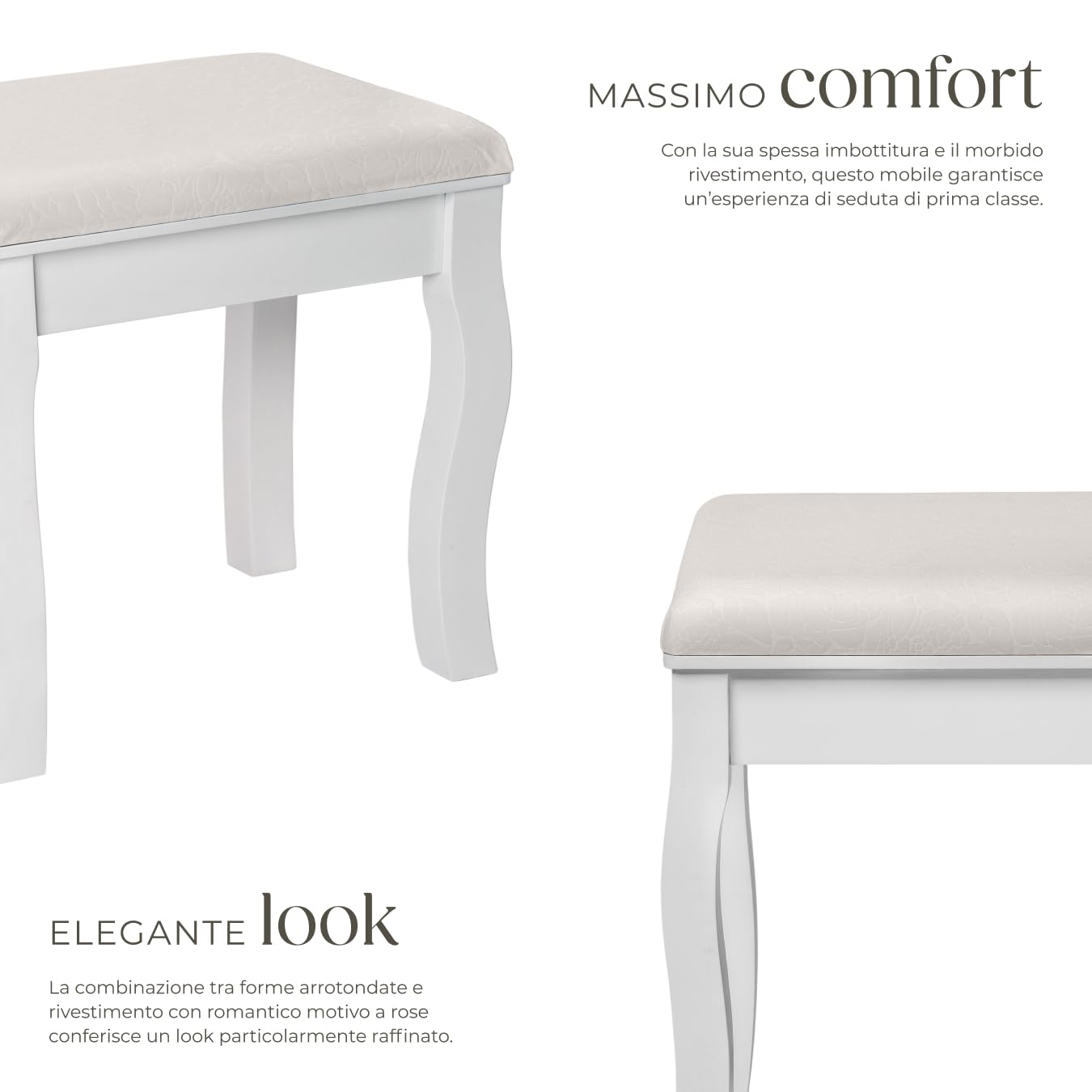tectake® Sgabello Toeletta Trucco, Affusolato, in Legno Massello, Imbottitura Morbida, Rivestimento Floreale, Base 4 Gambe Curvate, Protezione Pavimento, 40x30x51 cm, Arredamento Casa - Bianco