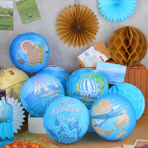 Image of Baquler 18 Pcs Travel Party Party Decoration Around The World Bon Voyage Hanging Paper Lantern Let The Adventure Begin Fans Honeycomb Ball for Birthday Baby Shower Ceiling Decor Supplies