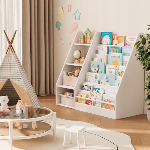 Image of Solid Wood Kids Bookshelf and Storage Organizer, 7 Layer Children Bookcase, Baby Toddler Wooden Book Shelf, Display Cabinet for Playroom, Bedroom, Classroom, Nursery, School, White
