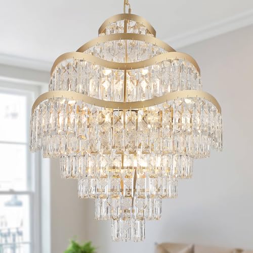 Fashtop 9-Tier Gold Crystal Chandelier 16 Lights Luxury Light Fixtures 24" K9 Crystal Pendant Ceiling Lighting for Living Room Dining Room Foyer Bedroom Kitchen, E12