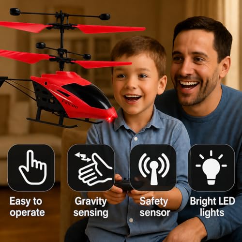 Image of KIDZYMON RC Helicopter with Hand Gravity Sensor, Flying Remote Control Toy, Rechargeable with 3D Light & Safety Sensor for Kids Age 4+ Years, Pack of 1, Cherry Red Colour