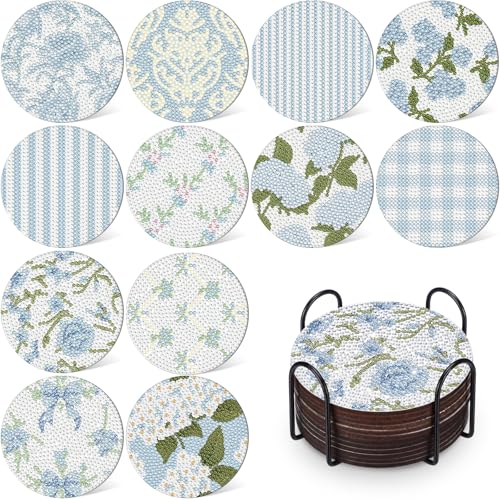 Ferrochef 12 Pcs Blue Floral Hydrangea Diamond Art Coasters Kit 5D DIY Diamond Coasters Crafts with Tool Kit Non Slip Cork Coaster for Women Blue Coquette Aesthetic Bow Printed Gift