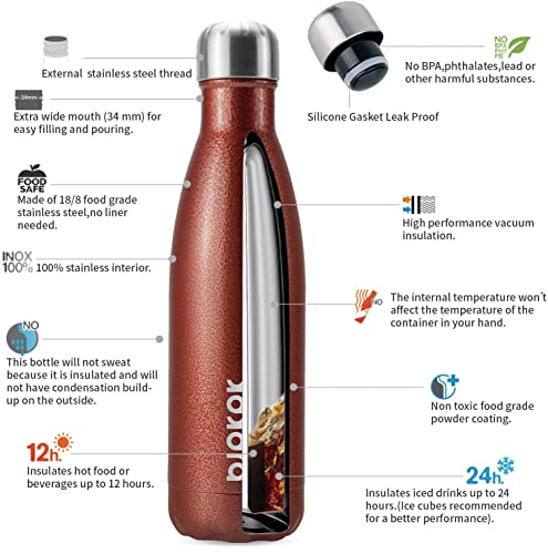Image of BJPKPK Insulated Water Bottles 17oz, Leak Proof Stainless Steel Water Bottle Keeps Cold for 24 Hours and Hot for 12 Hours,BPA Free,Brick Red