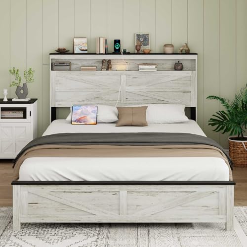 Image of Farmhouse Queen Size Wooden Bed Frame with Headboard, Rustic Wood Bedframe with LED Lights and Charging Station, Easy Assembly, No Box Spring Needed (Queen, White)