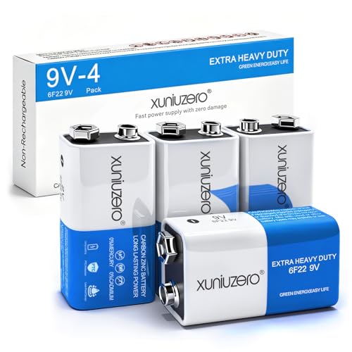 XUNIUZERO 9V Batteries 6F22 Square Battery (4 Pack) for Smoke Detector Alarm System, Wireless doorbell, Electronics Long-Lasting