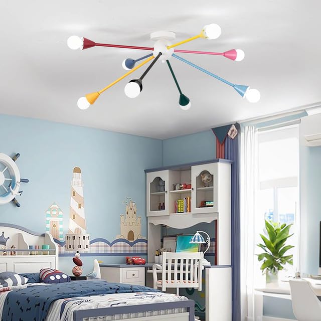 Bunte Deckenleuchte Kinderzimmer, 8-Flammige Deckenlampe im Modernen Sputnik Design, Ø 77cm, Farbige Lampe mit E14 Fassung für Jungen, Mädchen & Spielzimmer