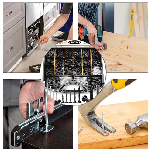 Image of Dianrui 1680 PCS Blcak Nails and Screws Assortment Kit & Screw Bolts and Nuts, M3 /M4 /M5 /M6 Machine Screws, Small Nails for Picture Hanging, #6#8 Drywall Screw Set for DIY Project Length 1 /2 inch to 2 inch