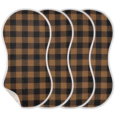 J JOYSAY Buffalo Plaid Brown Black Baby Burp Cloths for Boys Girls Large 22''x11'' Cotton 4 Layer Baby Washcloths for Boy Unisex one sizex4