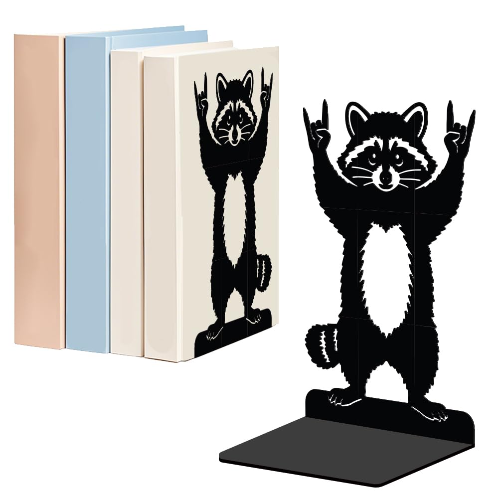 WADORN 1 Pair Rock Roll Raccoon Metal Decorative Bookend for Shelves, Heavy Duty Book Ends Modern Non-Skid Books Holder Stand Black Book Support Stoppers for Office Desk Bookshelf, 5.3x4.3x7.8 Inch