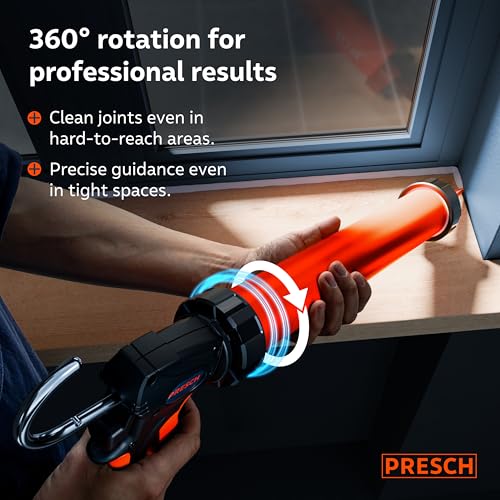 Presch Wyciskacz do folii 600 ml z 2 dyszami – Przełączane przełożenia 24:1 i 12:1 do wszystkich uszczelniaczy i klejów (akryl, silikon, PU) – Obrotowy cylinder 360° z antypoślizgowym uchwytem