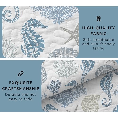 weesire Coastal Bedding Queen Size Coastal Quilt with 2 Shams, Nautical Beach Comforter Sets Ocean Bedspreads Blue Seahorse Coverlet Summer Bedding, 90''x96'' - Image 6