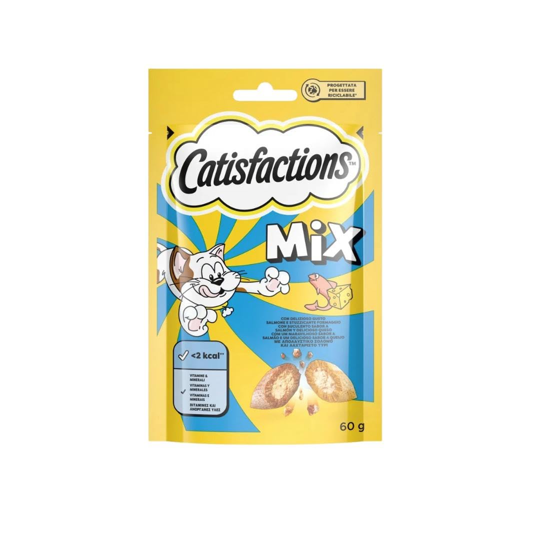 Snack para gatos Catisfactions Mix, aperitivos para gatos adultos y cachorros con sabor salmón y queso | 6 paquetes de 60 gramos cada uno.