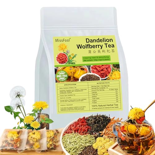 Dandelion Wolfberry Tea, 12 Pcs Natural Kidney & Liver Detox Tea, 8 Chinese Herbal Ingredients Blend, Dandelion Wolfberry Organic, Cassia seed, Chrysanthemum, Honeysuckle (144g,12gx12 packs)