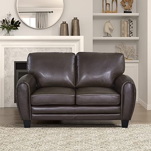 Homelegance 61.5"W Rubin Modern Loveseat with Track Arms, Foam Cushions, Comfort 2 Seater Couch, Faux Leather Love Seat, for Living Room, Apartment, Office, Easy Assembly, Dark Brown