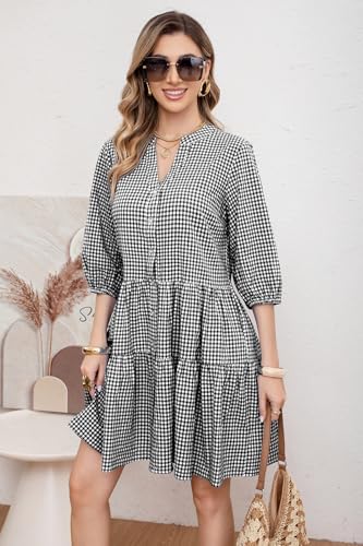 Image of utcoco Women's 2026 Spring Summer Plaid Shirt Dress 3 /4 Puff Sleeve Button Down Loose Casual Midi Dress with Pockets