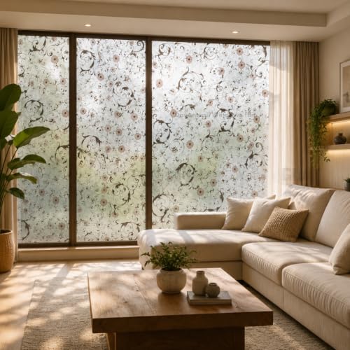 Image of Self Adhesive Window Privacy Film for Glass Windows & Doors | UV Blocking, Heat & Glare Reduction | Decorative Frosted Glass Film Easy to Apply (Antique Floral Swirl Pattern, 12X26 Inch)