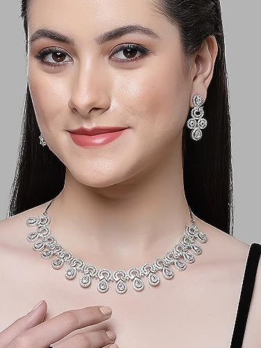 Image of Karatcart Silver Toned American Diamond Studded Jewellery Set for Women