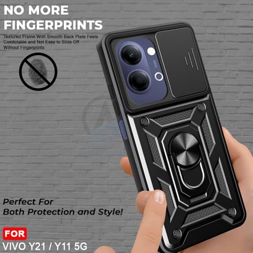 Image of AESTMO Tough Armor Vivo Y21 5G / Y11 5G Bumper Back Case Cover | Ring Holder & Sliding Camera Shield Cover | 360 Degree Protection Back Case Cover for Vivo Y21 5G / Y11 5G (Black)