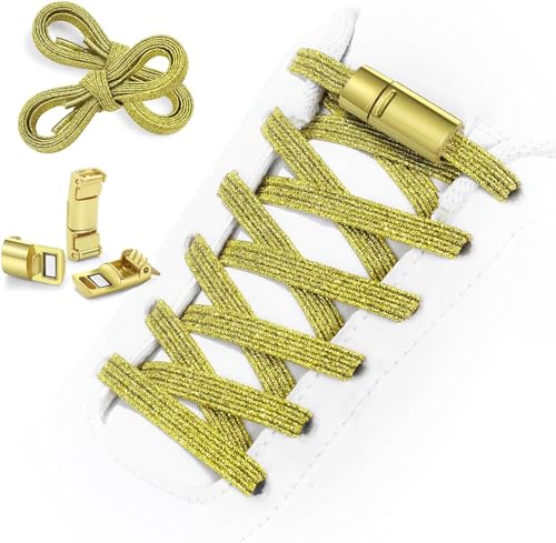 Shecret Elastici Lacci con Chiusura in Metallo, Lacci Senza Nodo No Tie Lacci, Magnetico Lacci Elastici per Scarpe con Chiusura in Metallo per Bambini e Adulti, Oro Brillante