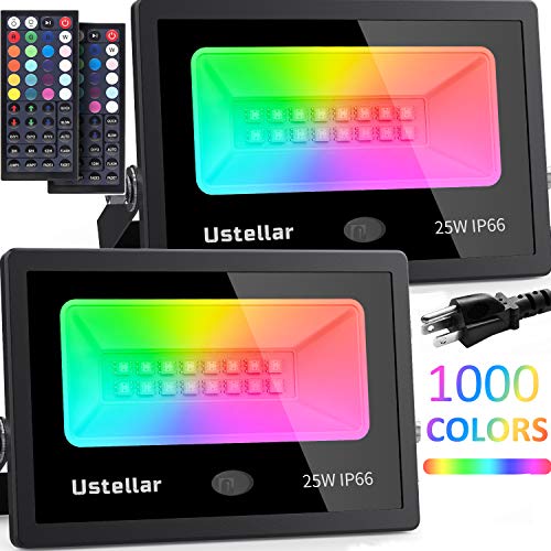 USTELLAR - 2 luces LED RGB de 25 W que cambian de color para interiores y exteriores con mando a distancia IP66 impermeable 6 modos de lavado de pared regulable para jardín, paisaje, fiesta, escenario